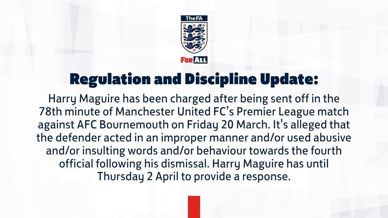 官方：因对阵樱桃染红后对四官行为不当，马奎尔被英足总指控